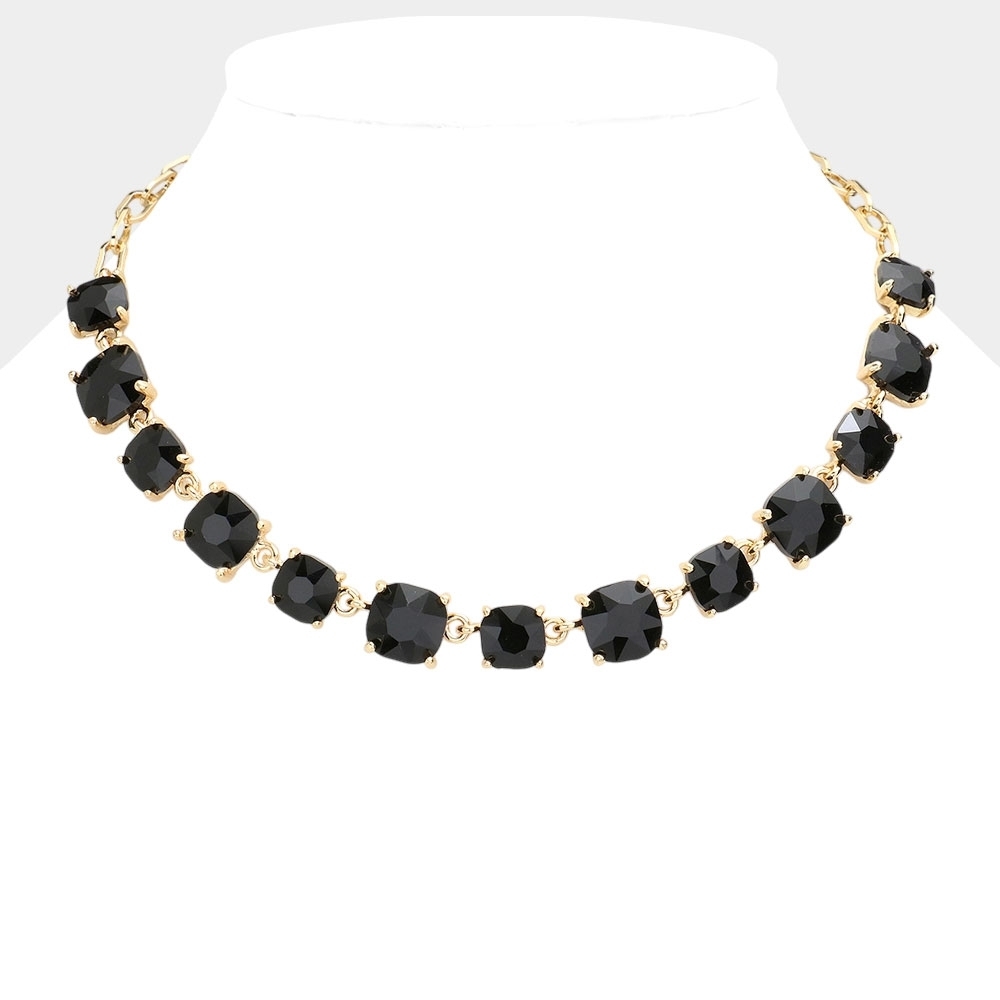 Black Square Stone Link Crystal Necklace Chain Evening Gold